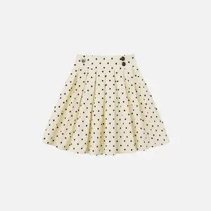 Aelfric Eden Polka Dot Pleated Skirt High Waist A-Line Silhouette 3D Pleated Detail Waist Button Accent Vintage Polka Dot Print  Retro Preppy Streetwear Women's Bottoms