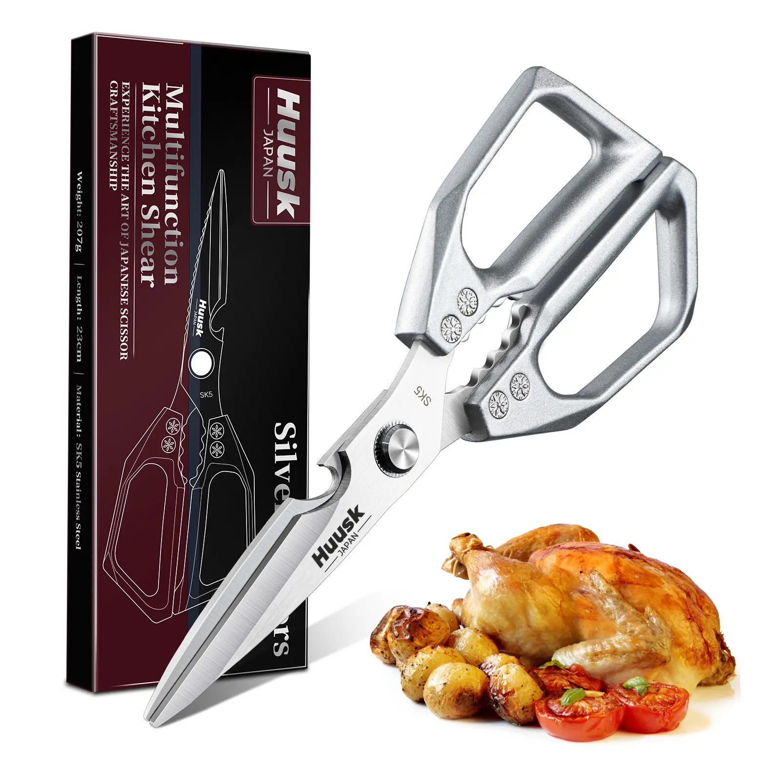 【Summer Sale】HUUSK Kitchen Scissors All Purpose -FallFreshness- Stainless Steel Kitchen Shears, Sharp Silver Meat Scissors, Dishwasher Safe, Poultry Shears, Japanese Cooking Scissors for Food, Chicken Bones, Christmas Gift!, Pork