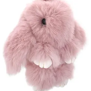 Mini Bunny Keychain Cute Soft Rabbit Fur Fluffy Pom Pom Rex Bunny Keyring - MAUVE Color