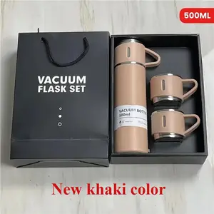 4-Piece Stainless Steel Insulated Drinkware Set - 3 Small Cups + 1 500ml/16.9oz Water Bottle, 3-Lid Portable Design, Suitable for Business/Students, Ideal for Hot/Cold Drinks, Business Event Gift