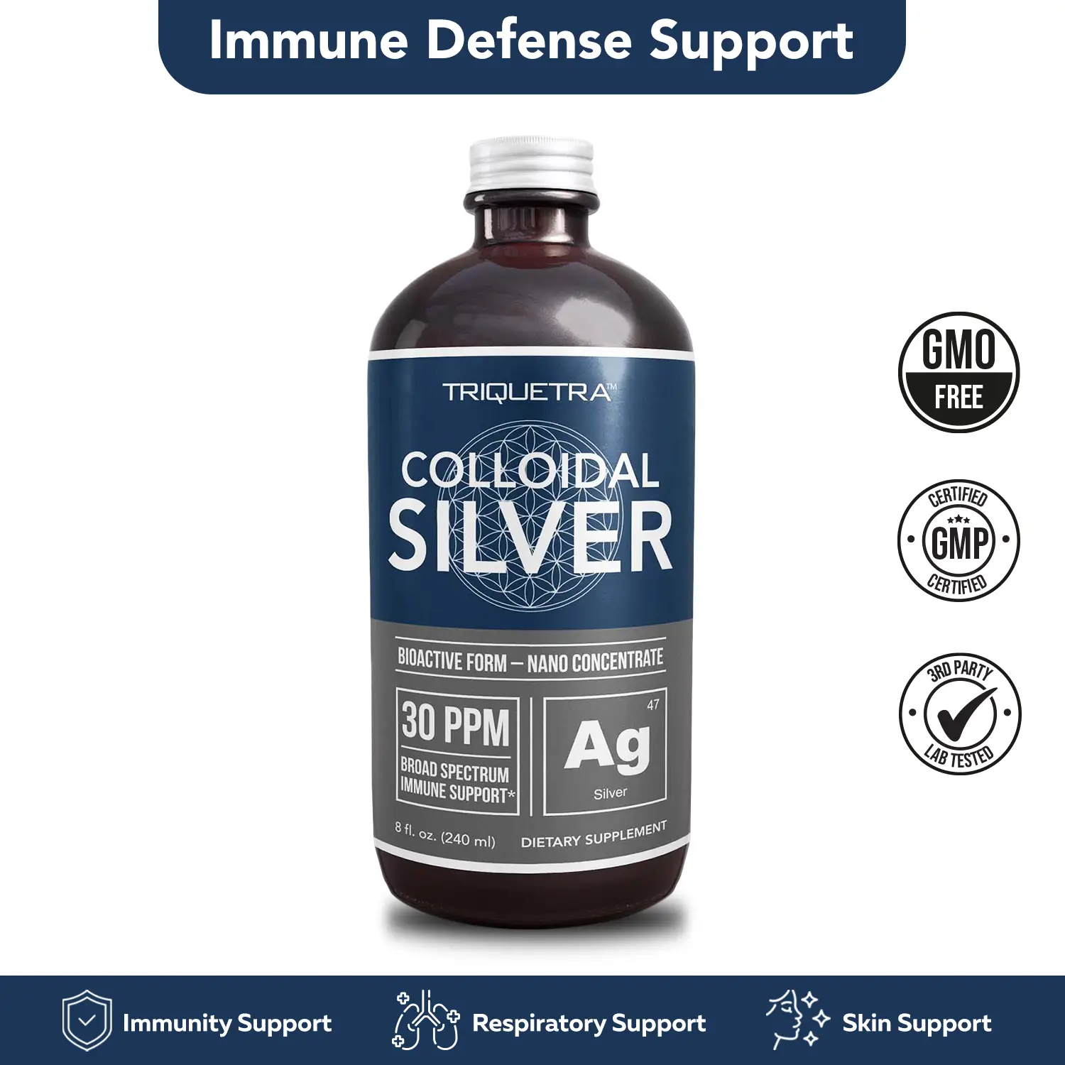 Colloidal Silver Liquid Supplement - 99.99% Pure, 30 PPM Concentration, Immune Support - Vegan, GMO-Free, Allergen-Free - Glass Bottle