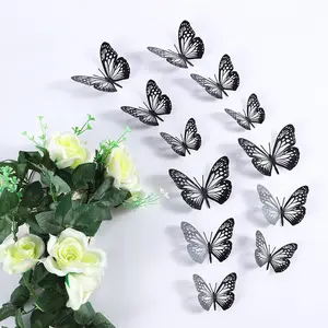 12pcs Realistic Butterfly Wall Stickers, 3D Hollow Design, No Drilling Required, Wedding Party Home Decor, Indoor Outdoor Decorative, High-End Wall Decals