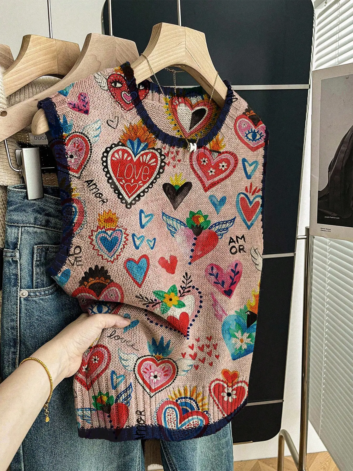 Spring Summer Casual Loose Round Neck Sleeveless Knitted Vest Top, Deep Blue Contrast Binding Heart Print Women's Outerwear, Pair with Vest