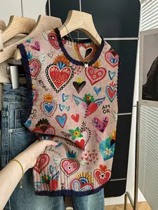 Spring Summer Casual Loose Round Neck Sleeveless Knitted Vest Top, Deep Blue Contrast Binding Heart Print Women's Outerwear, Pair with Vest