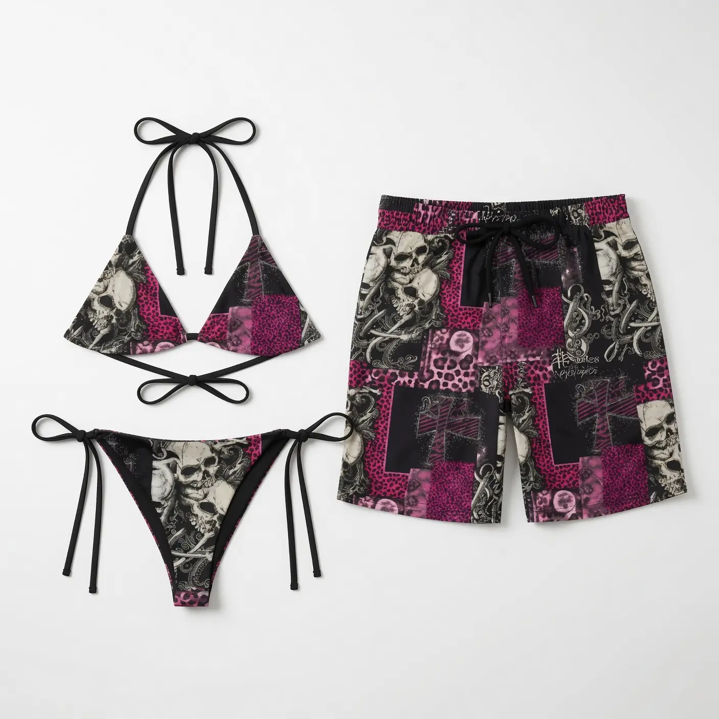 Pink Skull Gothic Matching Couple Swimwear Set, Y2K Leopard Patchwork String Bikini and Hawaiian Shorts, His and Hers Beach Vacation Outfit Gift