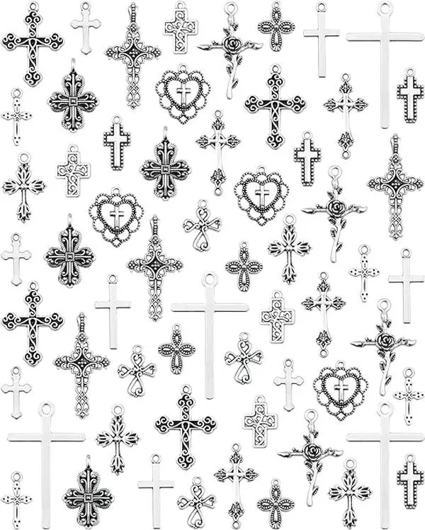 60 Pcs Antique Silver Cross Charms, Alloy Crucifix Pendant Connector for Bracelet Earrings Necklace Jewelry Making (15 Styles)