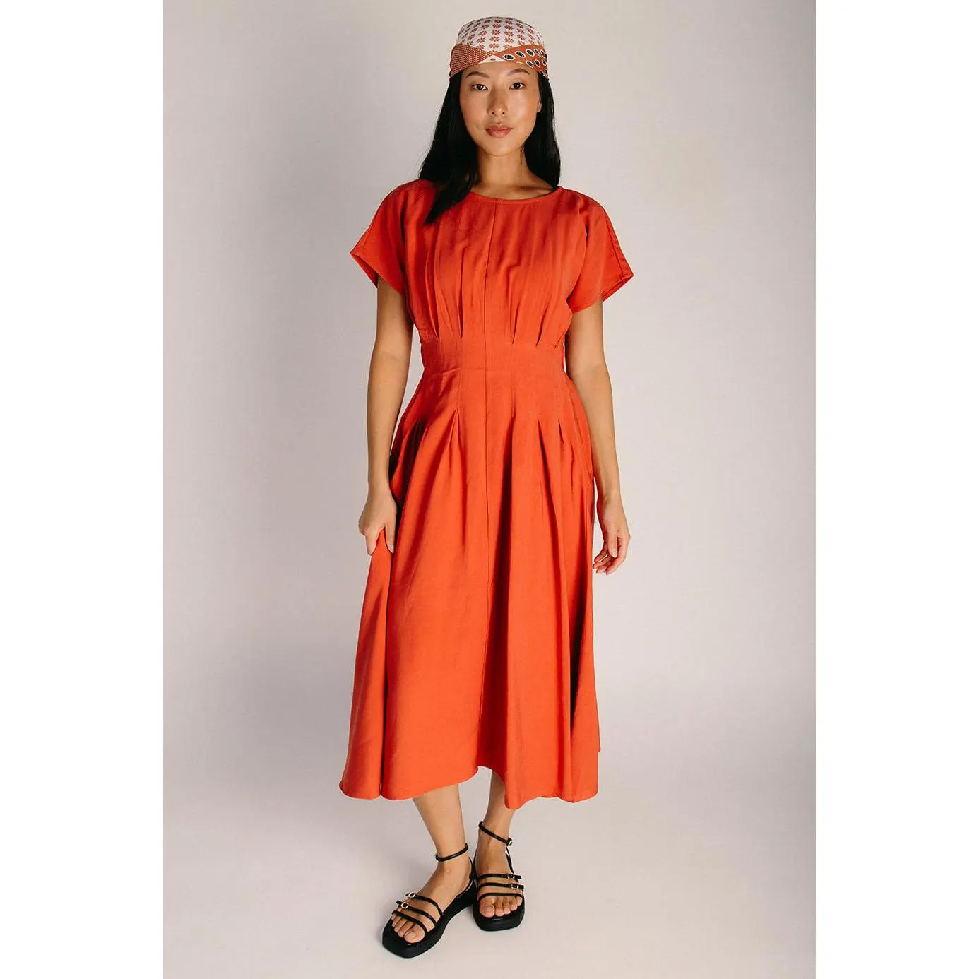 The Owen Pleated Waist Dress in Rust