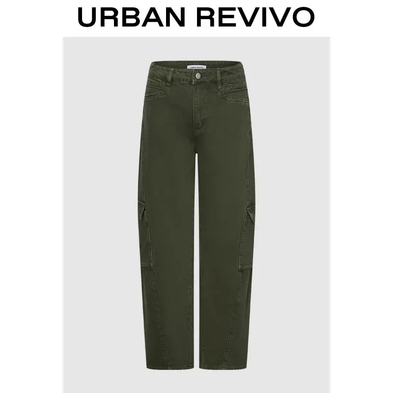 URBAN REVIVO Women's Barrel Fit Urban Jeans with Seamed Pockets, Casual Cold-Washed Denim for Everyday Wear, Pocket