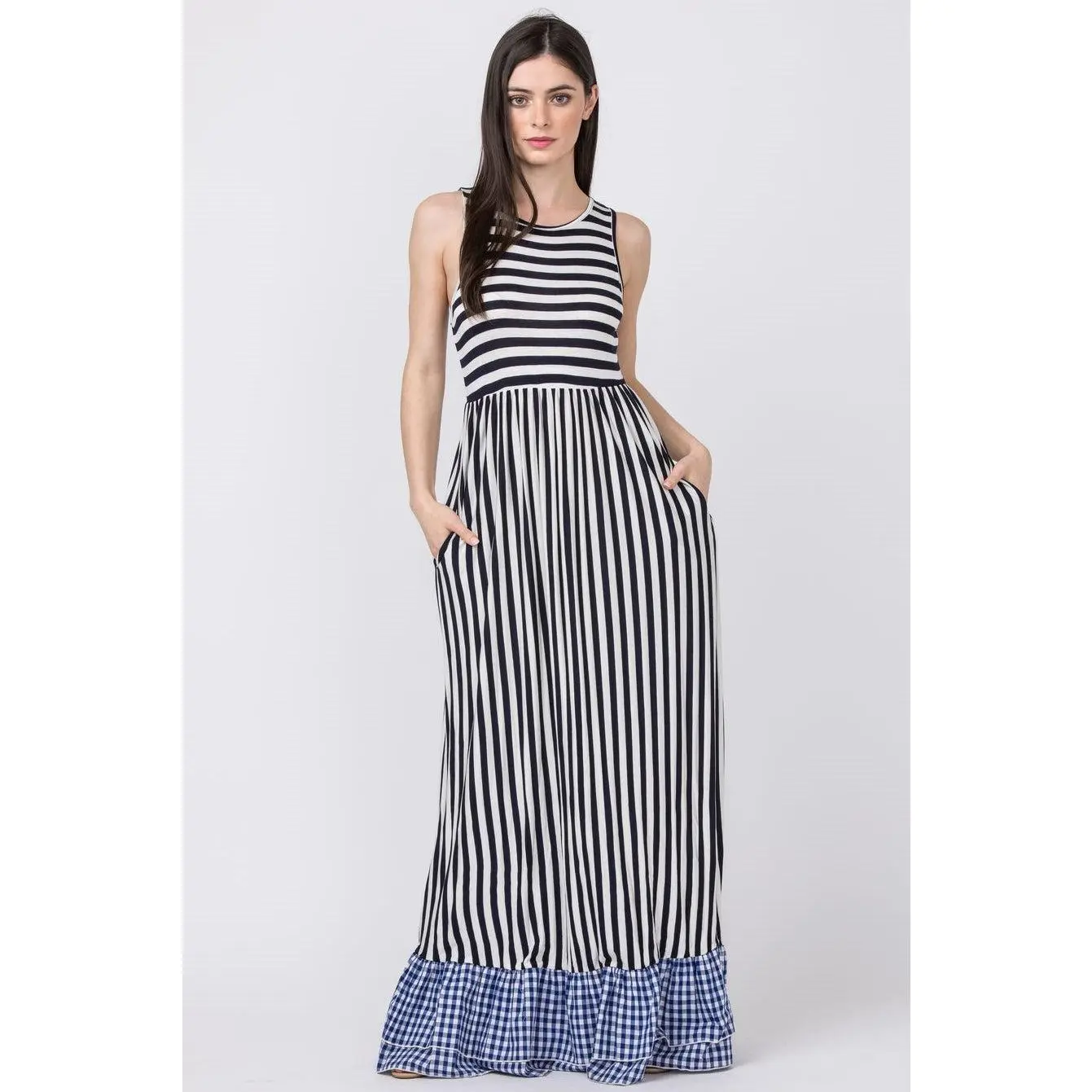 Navy Stripe Gingham Ruffle Bottom Maxi Dress