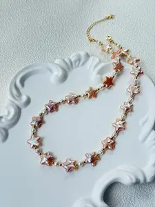 Baroque Star Pearl Necklace - Sunset Pink, 18K Gold-Plated Brass Beads, Adjustable Chain, 16 Inches + 2-Inch Extension, Unique Baroque Pearls, Elegant Statement Piece for Women