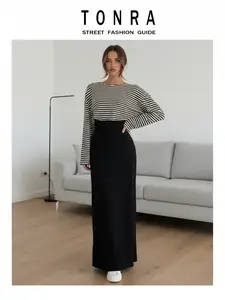 Women's Casual Fashion Simple Elegant Soft Style Fitted Striped Dress, Ladies' Comfortable Daily Wear, Stylish and Gentle Look