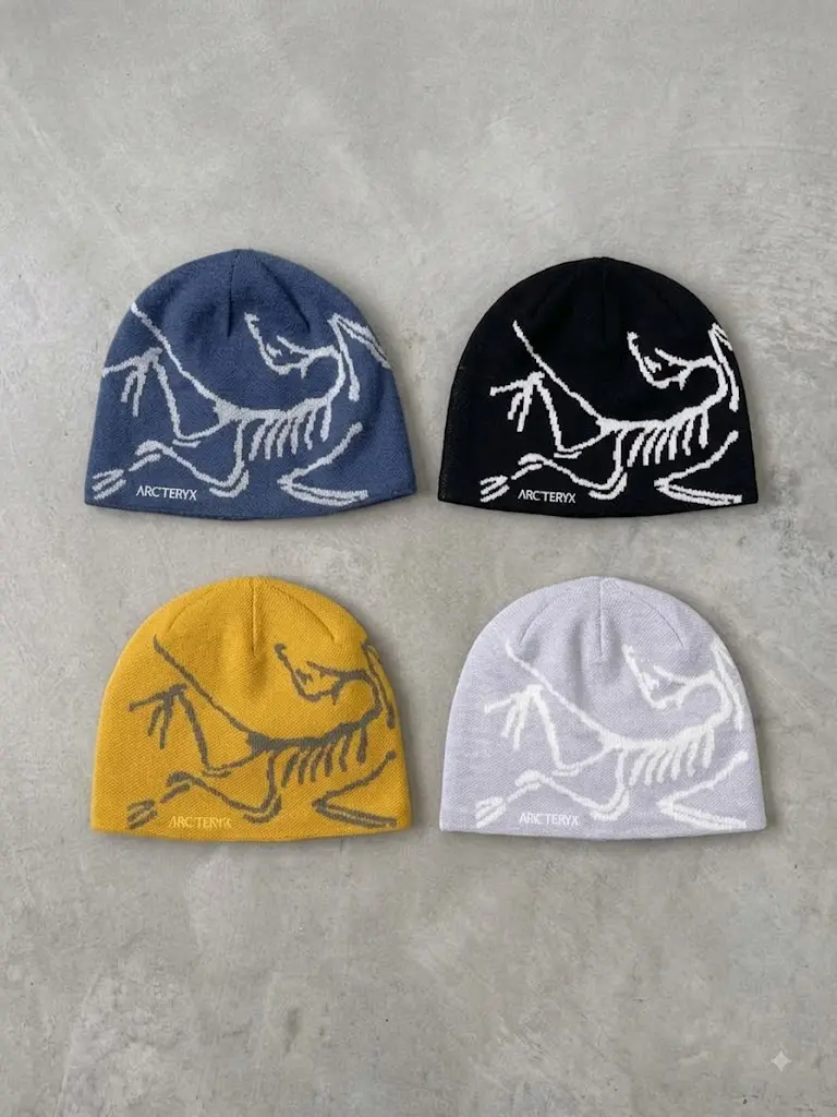 Arc'teryx Bird Head Toque Beanie – Blue, Black, Yellow & White Knit Winter Hat, Oversized Skeleton Logo Beanie, Unisex Outdoor Headwear, Warm Ski Snowboard Hiking Camping Streetwear Cap