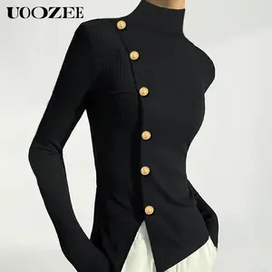 UOOZEE Women's Fashion Button-Up Blouse - Comfortable Soft Spandex Knit High Neck Long-Sleeve Solid Black Casual Business Top, Ideal for Fall Office Outfits (Recommended as Base Layer),summervibes