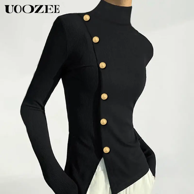 UOOZEE Women's Basic Minimalist Button-Up Blouse - Soft Spandex High Neck Long Sleeve Comfortable Solid Black Casual Business Top, Ideal for Fall Office Outfits (Recommended Base Layer)