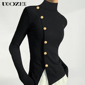 UOOZEE Women's Basic Minimalist Button-Up Blouse - Soft Spandex High Neck Long Sleeve Comfortable Solid Black Casual Business Top, Ideal for Fall Office Outfits (Recommended Base Layer)