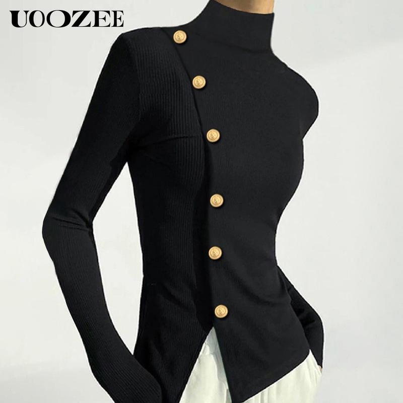 UOOZEE Women's Basic Minimalist Button-Up Blouse - Soft Spandex High Neck Long Sleeve Comfortable Solid Black Casual Business Top, Ideal for Fall Office Outfits (Recommended Base Layer)