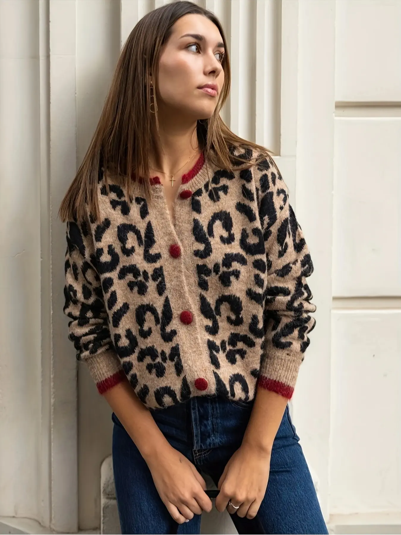Plus Size Women's Leopard Print Long Sleeve Knit Cardigan, Knitwear, Button Front, Color Block Trim, Casual Aesthetic Top for Fall Winter Spring
