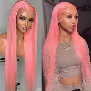 YESWIGS  Bone Straight 13X4 HD Transparent Pink Lace Front Wigs Human Hair Hot Pink HD Lace Frontal Wig Human Hair Wear and Go Glueless Wig Human Hair Pre Plucked with Baby Hair Colored Hd Lace Front Wigs