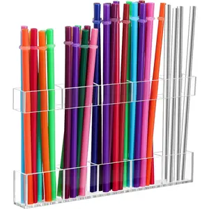 9.5" Large Acrylic Straw Holder for Cabinet Door, Space-Saving Straw Storage Dispenser with Ultra Sticky Adhesive, Adjustable Two-Part Straws Organizer for Kitchen Cupboard (Transparent)