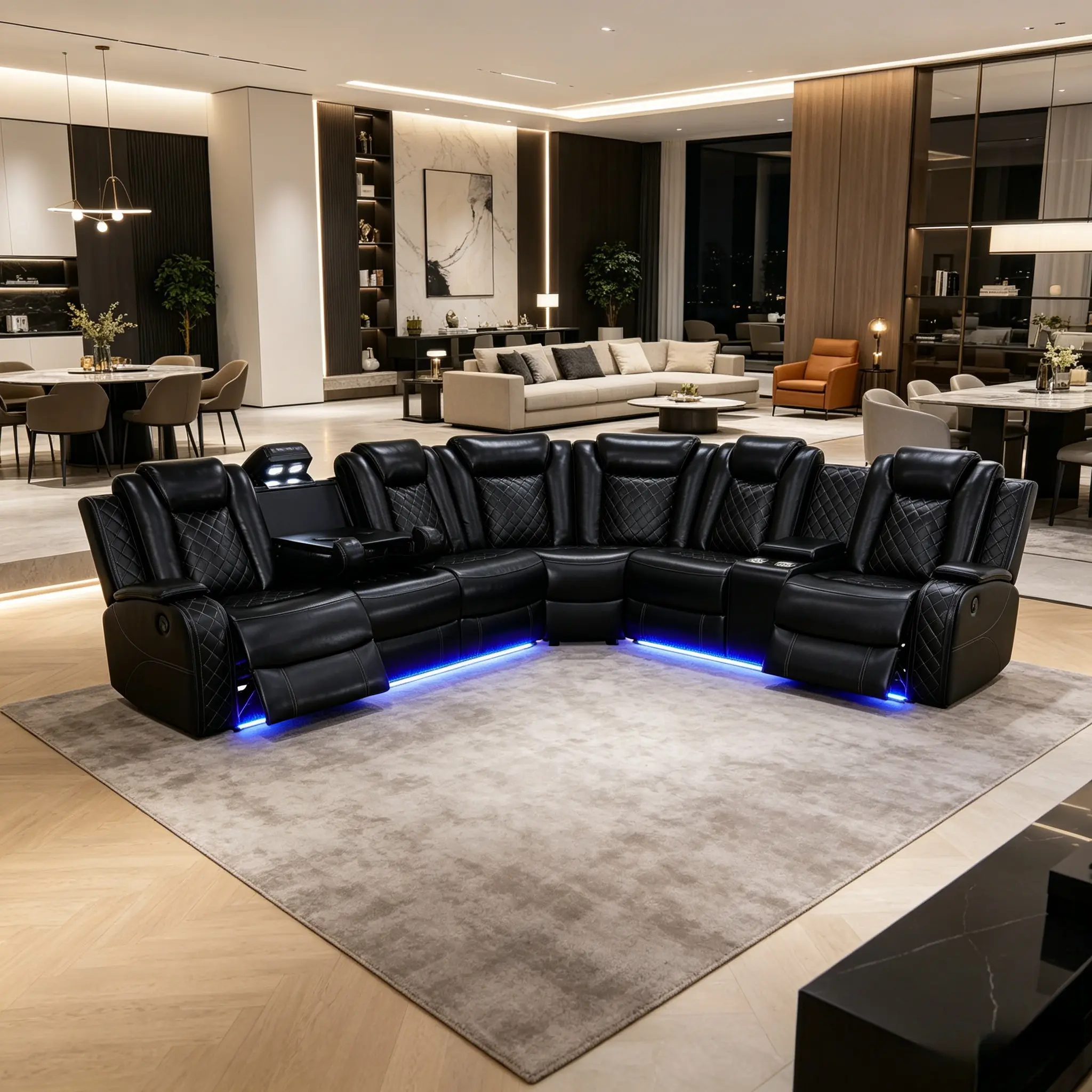 Breathing Leather Power Recliner Sofa Set, Living Room Sectional with 170° Flat Recline & USB Charging, LED Ambient Light, Storage Console with Cup Holders, High-Density Foam & Spring Support, Home Theater family Couch Modern Lounge Furniture Conversation