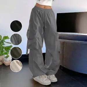Street High Waist Wide Leg Cargo Pants - Parachute Fabric, Flap Pockets, Drawstring Waist, Elastic Ruched Hem, Casual Wear Womenswear Bottom Army Green Day Polyester Trouser Wideleg Basic