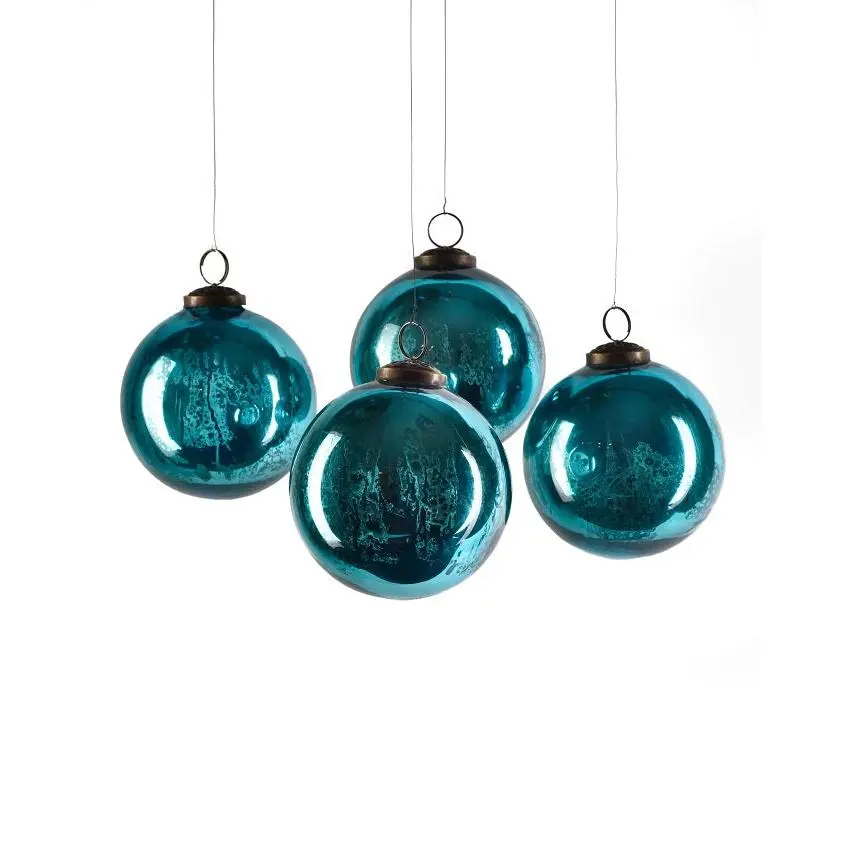 Antique Aqua Mercury Glass Balls, 4" Diameter, Set of 4