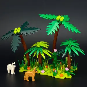 Tropical Jungle Island Building Blocks Set Garden Palm Trees Plant Landscape Bricks Toy with Dog Animal Figures Creative DIY Educational Toy Kit for Kids Boys Girls Birthday Christmas Holiday Gift Desk Decor Display Baseplate
