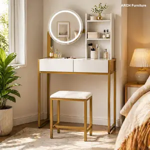 ARCH White & Gold Compact Makeup Vanity Desk Set - Stylish, Illuminated, Color-Adjustable, Drawer-Equipped Makeup Vanity with LED Mirror (3 Lighting Modes), Power Outlet, Open Shelves & Cushioned Stool for Bedroom Dressing Room, Stylish Makeup Vanities