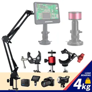 4kg Heavy Duty Microscope Arm Stand Desktop Cantilever Bracket - 360° Adjustable Helping Hands Holder with 3 Clamp Options (1/4" Ball Head / Universal Clip) - Metal Bracket for Heat Gun, Camera, GoPro & Soldering Repair