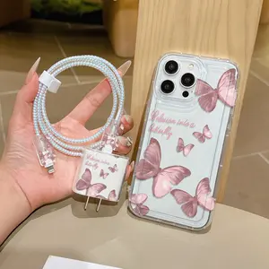 6 Piece Set Transparent Butterfly Phone Case, Charger Head Cover, Cable Protector, Storage Rope, Data Line Protection for iPhone 15/16 Series Smartphone
