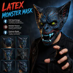 Neon Line Demon Bat Cat Latex Mask, Scary Fanged Horror Mask for Adults, Realistic Full Head Costume Mask for Halloween & Cosplay
