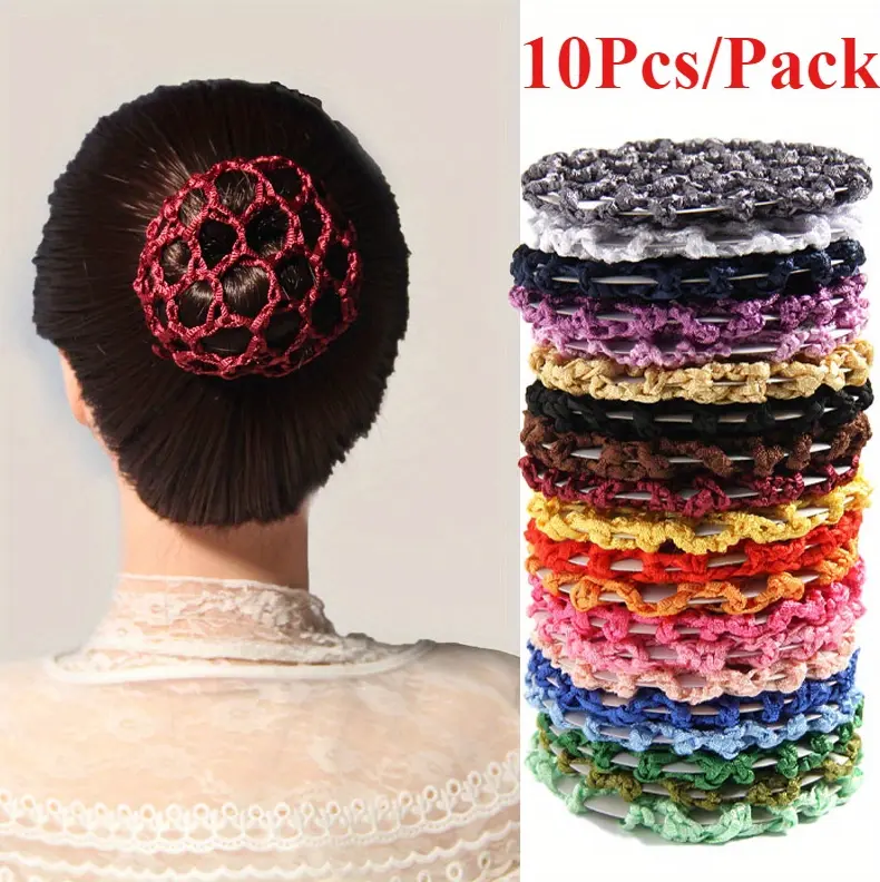 Female Elastic Crochet Mesh Hair Nets - 10-Pack Mixed Color Stretch On Hair Styling Cap, Fashion Headbands, Messy Bun Hold Snood Accessory, Unisex Mesh Cover, Hairbands & Scrunchies Assorted Pack