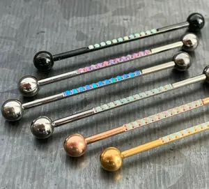 1 Piece of Implant Grade Titanium CNC Set Lined Opals Industrial Barbell - 14g, Length 38mm 1.5" - Silver, Black, Gold, and Rose Gold!!