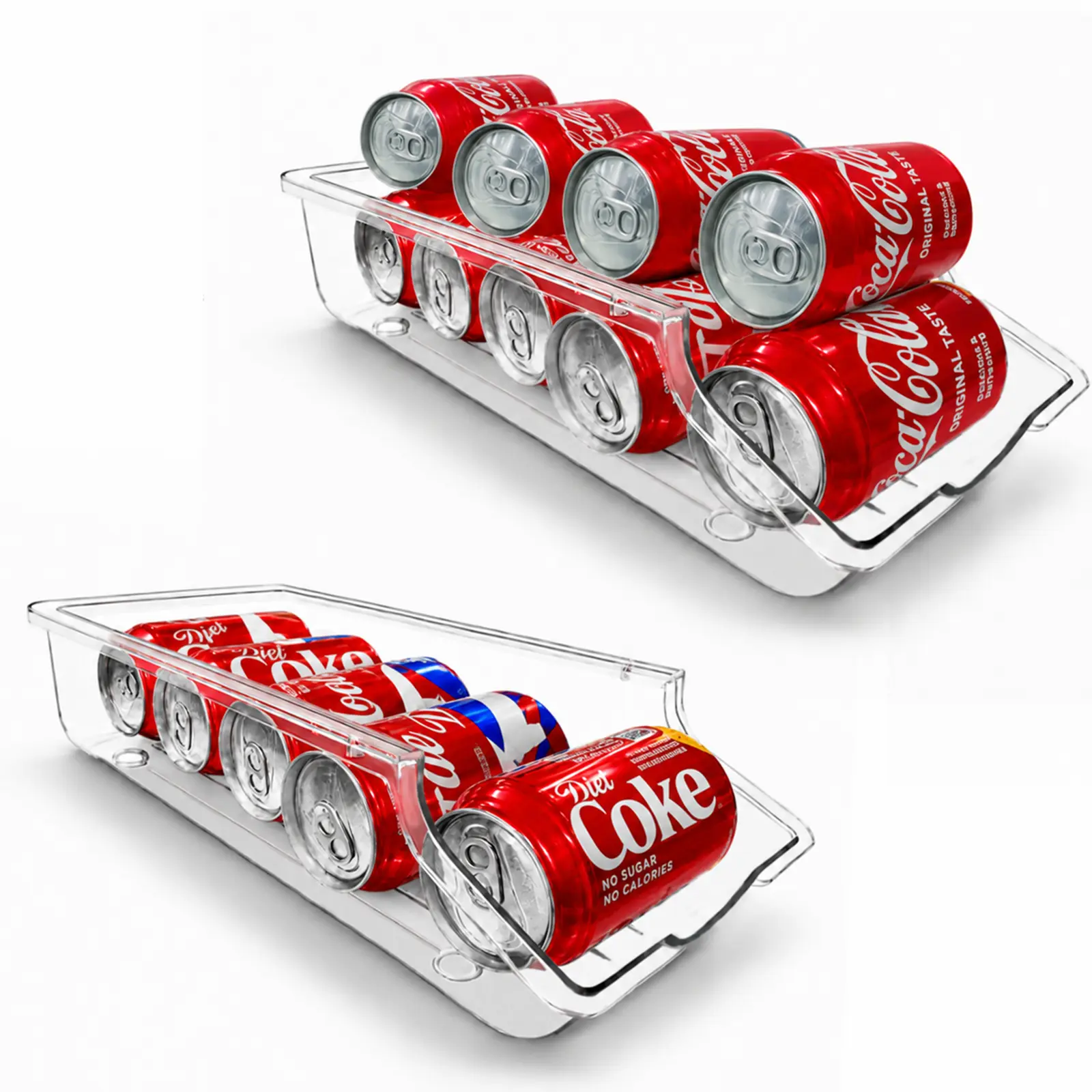 Can storage rack for refrigerators, compatible with soda cans and canned alcoholic beverages.An angled design enables automatic restocking, available for immediate replenishment.Food-grade material, organized storage, say goodbye to beverage clutter