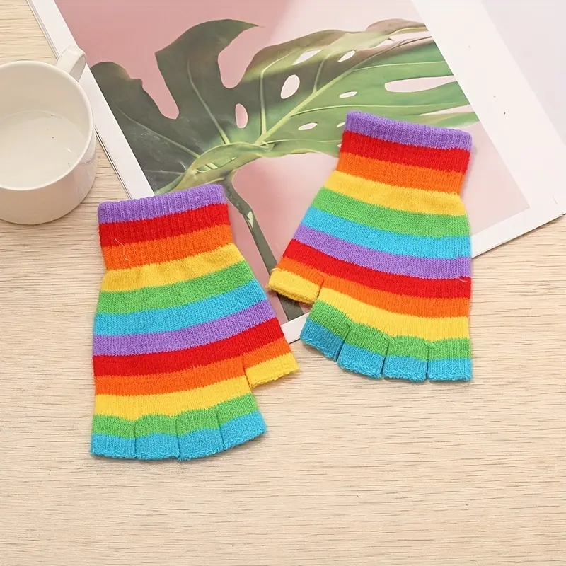 Women's Colorful Decorative Rainbow Striped Fingerless Gloves - Elastic Acrylic, Windproof, Keep Warm Winter Fashion Accessories for Outdoor Activities, Casual Wear (Dry Clean Recommended)