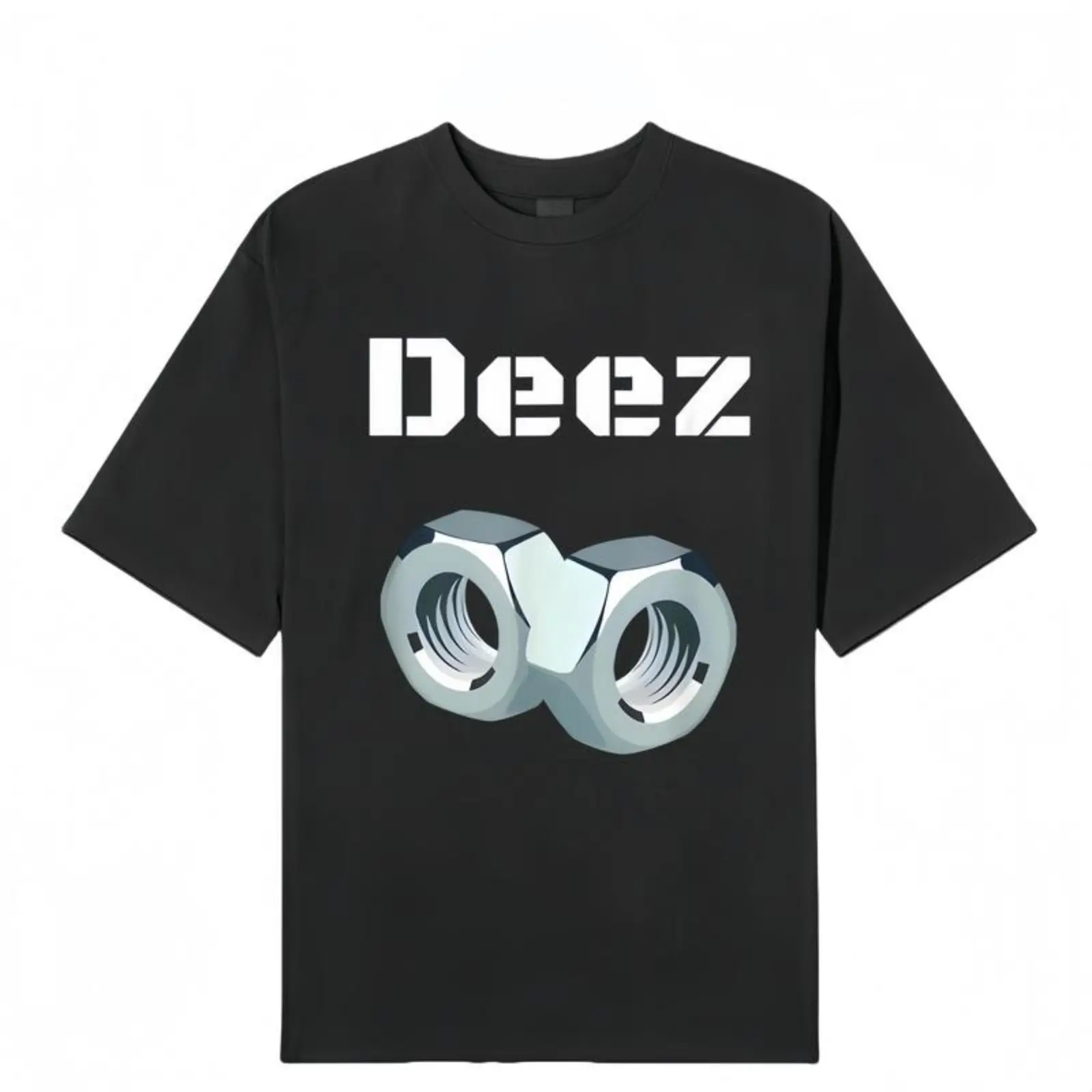 Unisex Black Trendy Cotton Crew Neck Shortsleeve Top - "Deez" Design with 3D Nut Print, Loose-Fitting Functional Clothes for Casual Streetwear, Sports Menswear