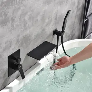 Three Hole Waterfall Bath Faucet with Handheld Shower Wall Mounted Tub Filler with Rough-In Valve Tub Spout - Matte Black, Bruahed Gold