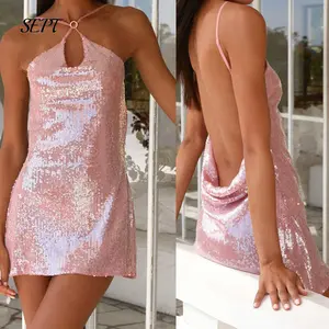 Women Mini Dress Sequins Sleeveless Spaghetti Strap Dress Summer Fashion Backless Dress Party Dress