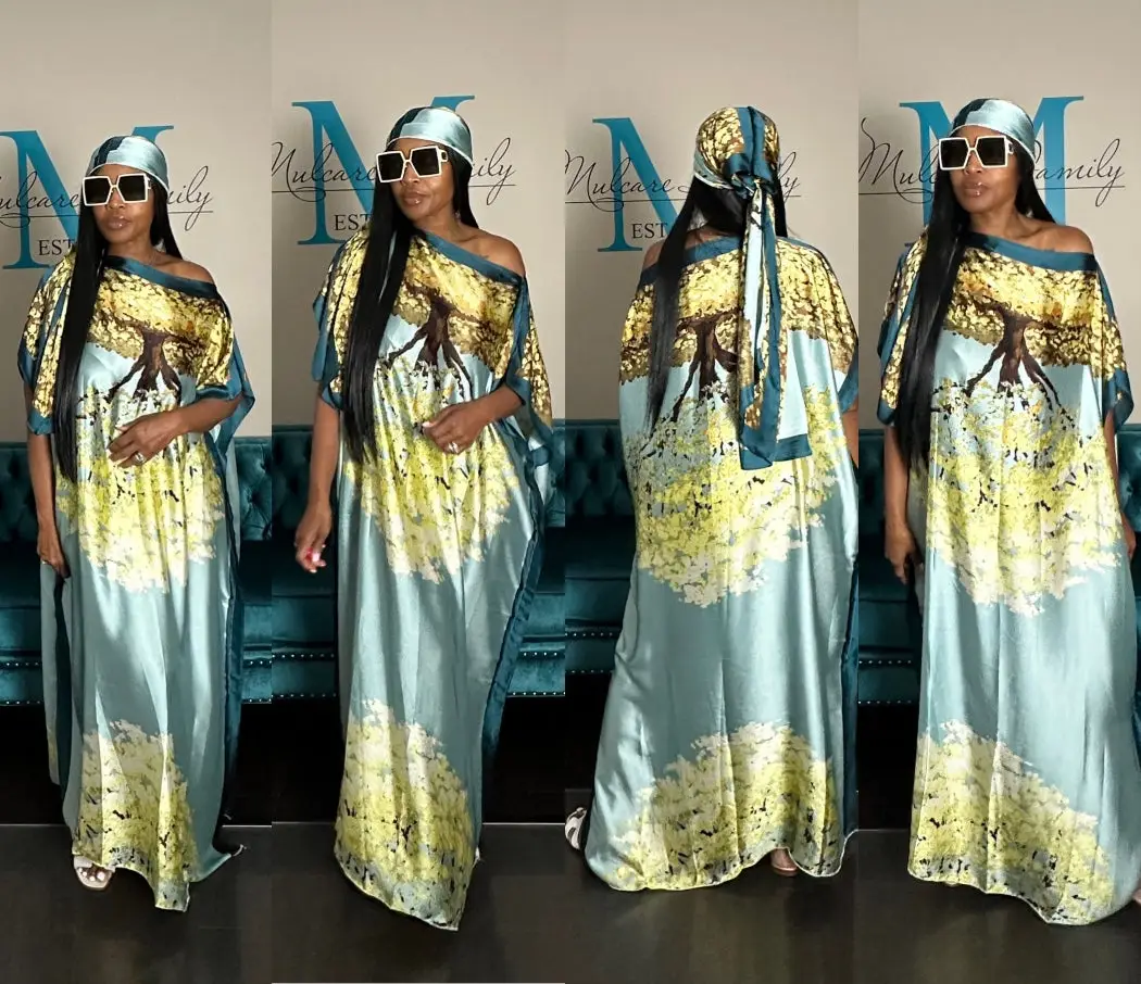 Santorini Collection Satin Kaftan Maxi with Matching Scarf – Mint Green Teal Yellow Blend | Summer Dresses Women’s Clothing