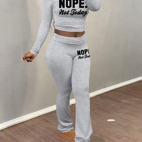 Women's Letter Print Crop Tee & Elastic Waist Flare Leg Pants Two-Piece Set, Casual Round Neck Long Sleeve Top & Bell Bottom Trousers for Fall & Winter, Women's Clothes for Daily Wear