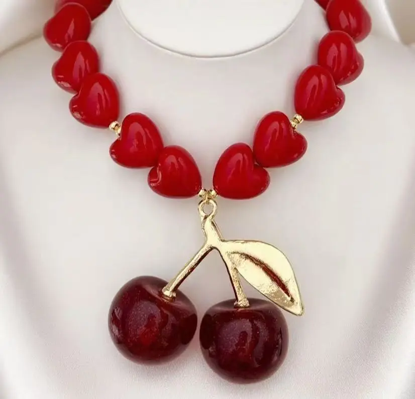Cherry Necklace Cute Black Red Clavicle Chain Acrylic Playful Unique Striking Necklace with Sparkling Cherry Pendants and Gold Stems