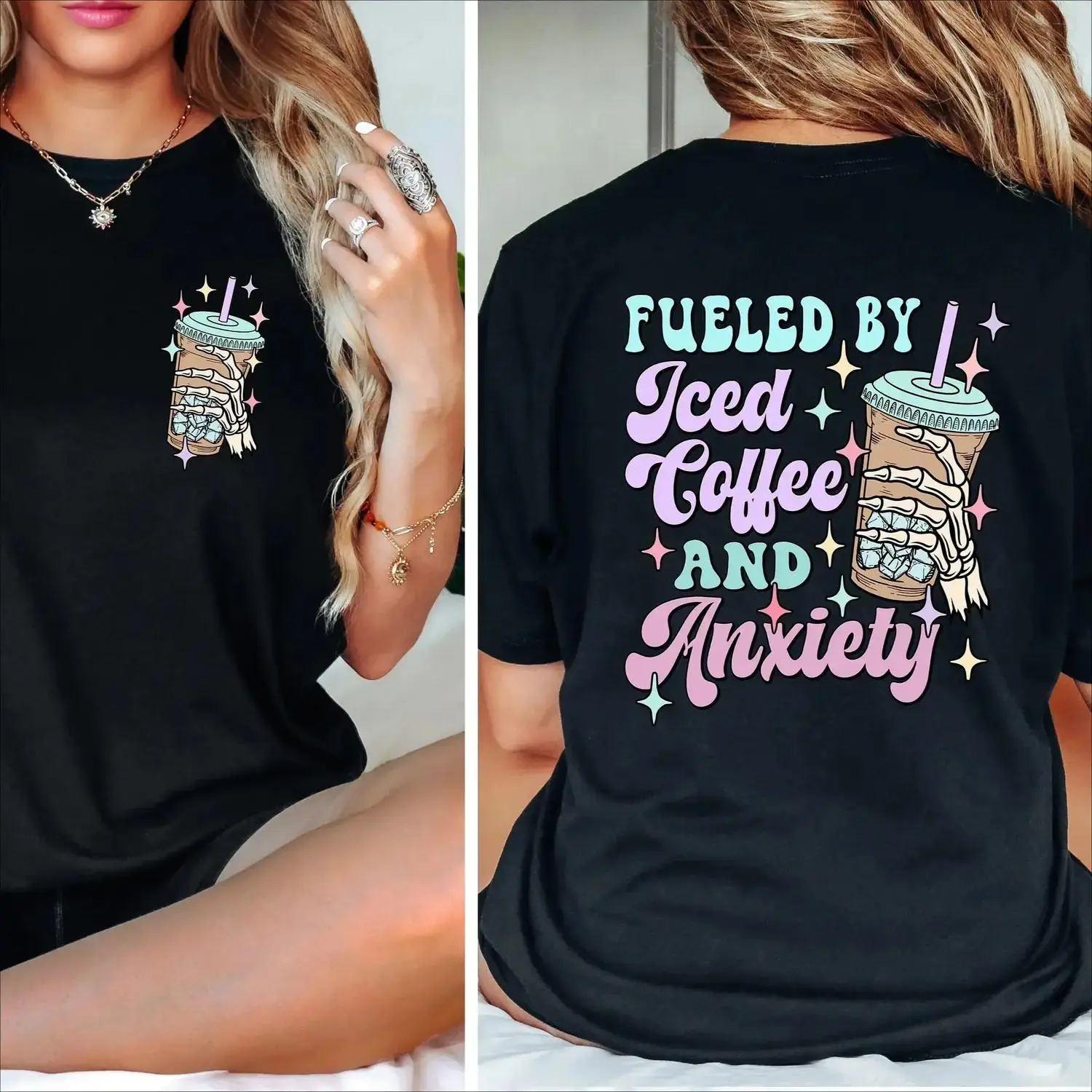 Coffee Fueled Skull T-shirt Anxiety Awareness Gift for Coffee Enthusiasts and Mental Health Support