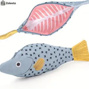 Zaleeta Fish-Shaped Coin Purse & Pencil Case with Simulated Fishbone Lining - Cute Novelty Canvas Zipper Pouch, Multi-functional Makeup Brush Bag for Women Men, Versatile Travel Organizer, Birthday Gift for Teens