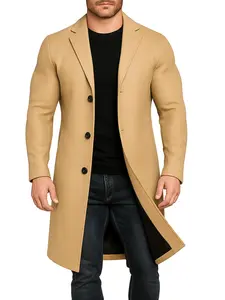 Men's Solid Color Button Front Lapel Trench Coat, Work Office Jacket, Regular Fit Casual Long Sleeve Pocket Outerwear for Fall & Winter, Men's Clothes for Daily Wear