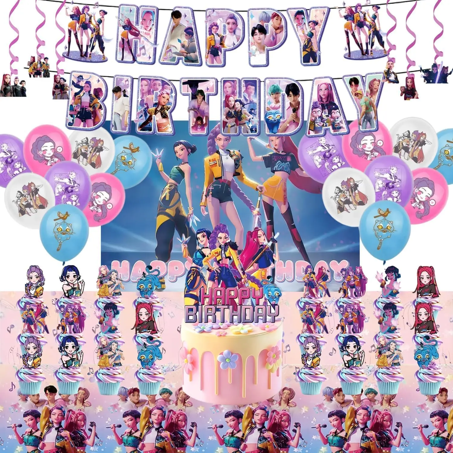 50 Pack Kpop Themed Birthday Party Decorations Kit, Includes Banner, 16 Balloons, 6 Hanging Swirls, 1 Cake Topper and 24 Cupcake Toppers for Music Fantasy Themed Parties
