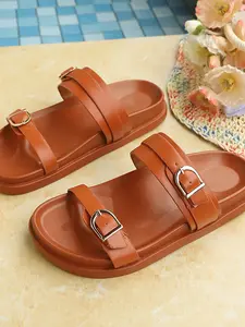 Summer Large Size New Double Buckle Thick Sole Sandals for Women, European and American Style One-Word Large Size Flip Flops