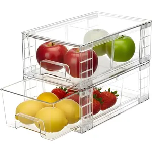 2 Pack Stackable Plastic Storage Drawers Organizer Bins with Handles & Movable Dividers for Fridge, Bathroom, Pantry, Kitchen Cabinets, Under Sink Organization and Storage