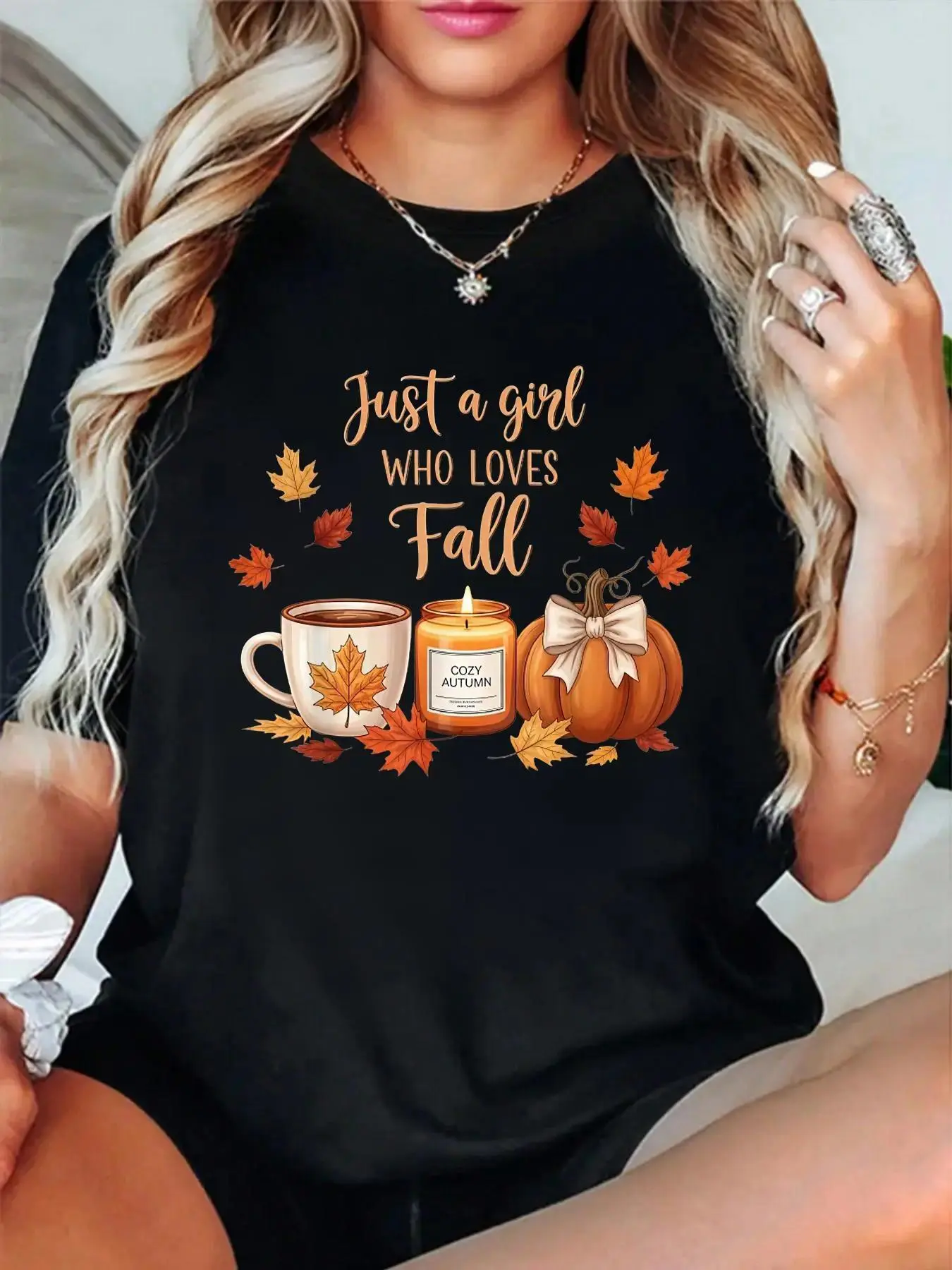 Just A Girl Who Loves Fall Pumpkin Cozy Autumn T-Shirt women's graphic tees fall shirts Casual All-Season Sportswear,Round Neck, Short Sleeve, Machine Washable