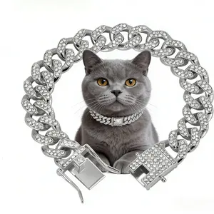 Cat Dog Chain Diamond Collar Walking Metal Chain Necklace with Secure Buckle Pet Cuban Style Collar Jewelry Accessories for Small Medium Large Dog Cats
