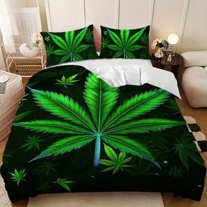 Bedding 3-piece set - 3PCS,Green and black hemp leaf pattern down comforter set (1 duvet cover + 2 pillowcases, filling not included).soft and comfortable, suitable for family bedrooms. Bedding Sets